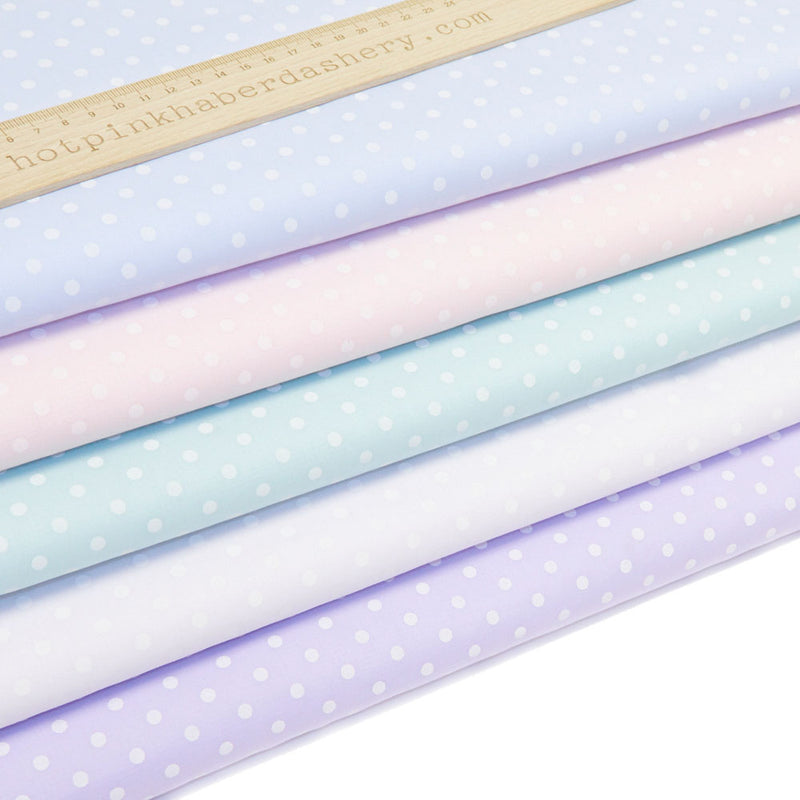 Classic pastel polka dot printed polycotton fabric in Pink, Mint, Blue, Lilac & White