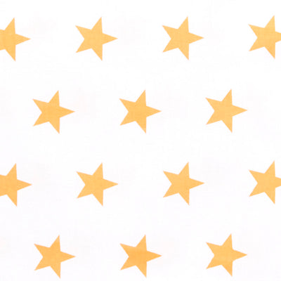 Swatch of bright and fun bold star motif polycotton fabric on white with orange