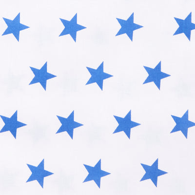 Swatch of bright and fun bold star motif polycotton fabric on white with royal blue