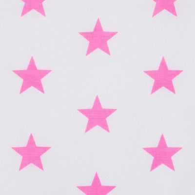 Swatch of bright and fun bold star motif polycotton fabric on white with neon pink