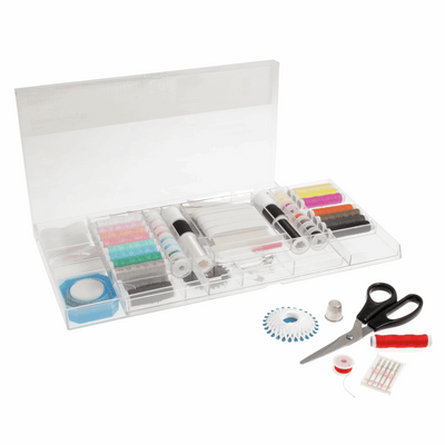 Professional sewing kit with 167 pieces including fabric scissors, safety pins, needles, pins, elastics