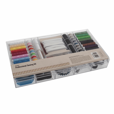 Professional sewing kit with 167 pieces including fabric scissors, safety pins, needles, pins, elastics
