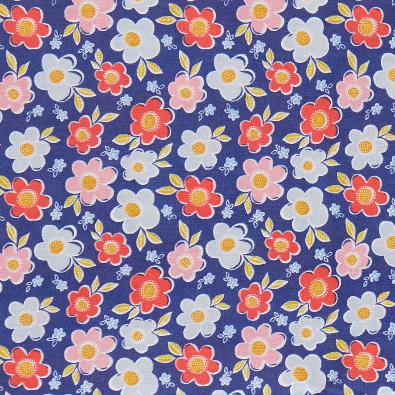Swatch of fun and bold, retro flower printed polycotton fabric in Navy blue