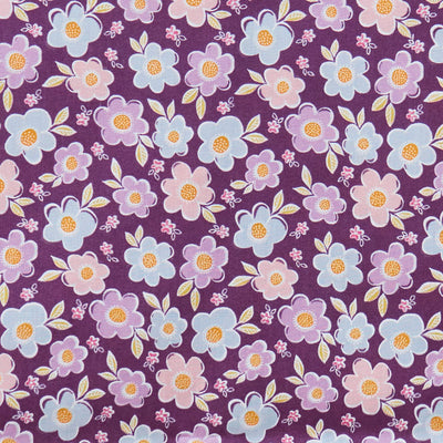 Swatch of fun and bold, retro flower printed polycotton fabric in purple