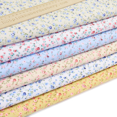 Vintage floral illustrated, country style, polycotton fabric in Cream & Pink, Beige & Pink, White & Blue, Cream & Blue, Blue & Pink and White & Pink.