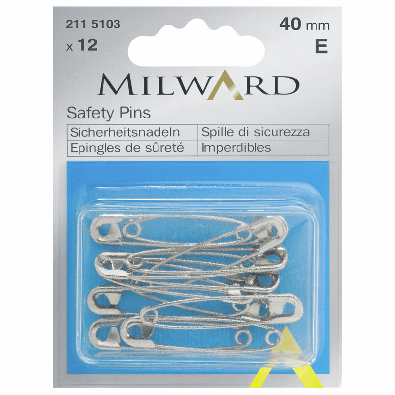Milward 12 x 40mm steel safety pins in a handy reusable box.