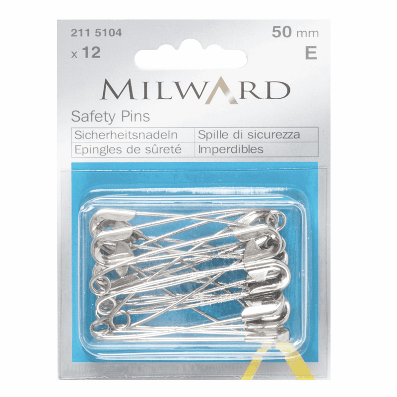 Milward 12 x 50mm steel safety pins in a handy reusable box.