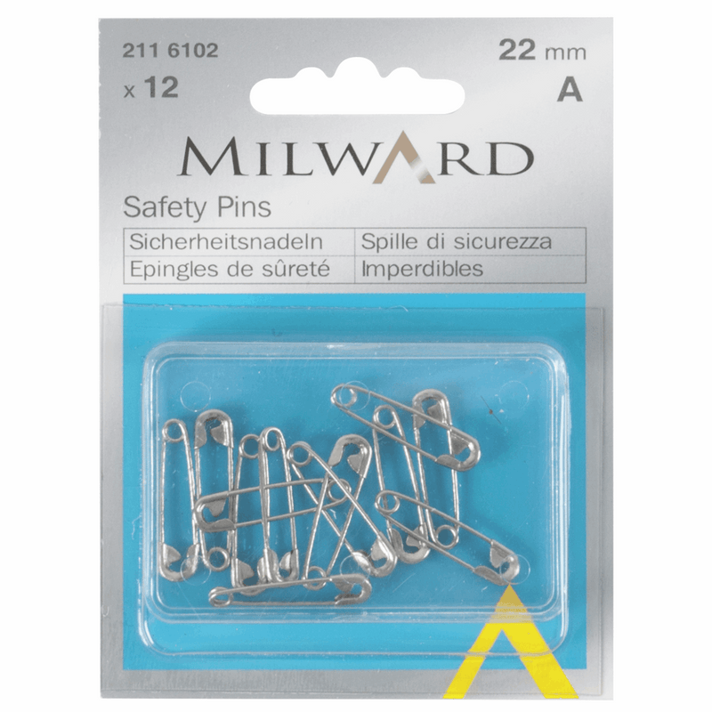 Milward 22mm mild steel safety pins in a pack of 12 in a handy reusable box, available in a variety of different sizes.