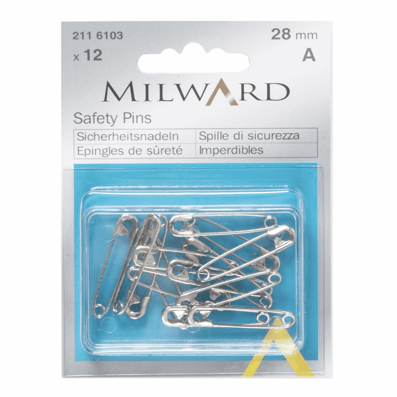 Milward 28mm mild steel safety pins in a pack of 12 in a handy reusable box, available in a variety of different sizes.