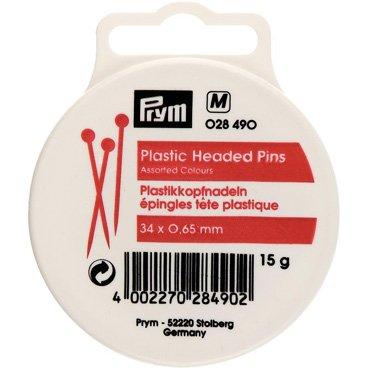 Prym 34mm x 0.65mm plastic headed assorted colours pins for patchwork and tailoring.