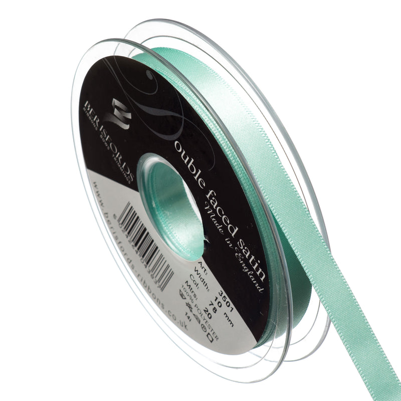 Berisfords 3mm, 7mm and 10mm double faced satin ribbon in aqua blue