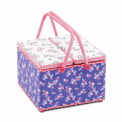 Square Twin Lid Sewing Baskets in fun purple and white Bicycle Floral print