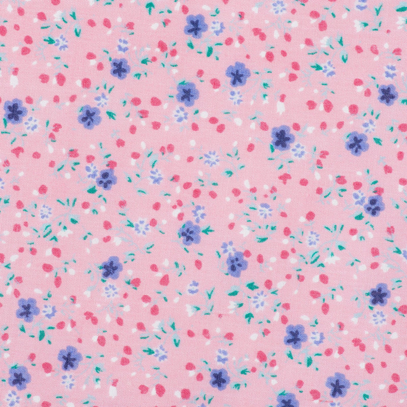 Swatch of vintage style pretty blooms floral polycotton fabric in pink and blue