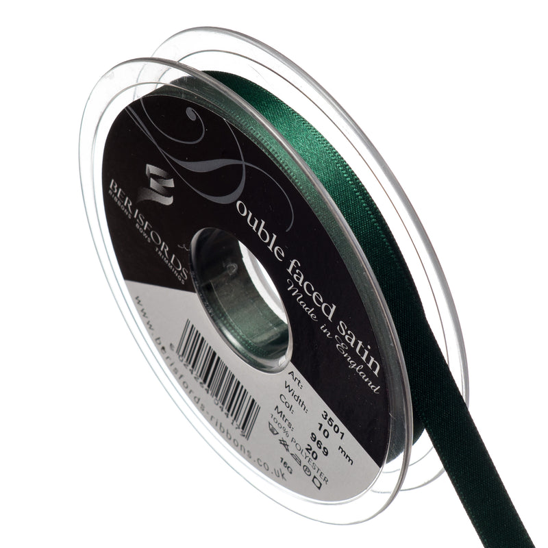 Berisfords 3mm, 7mm and 10mm double faced satin ribbon in forest green