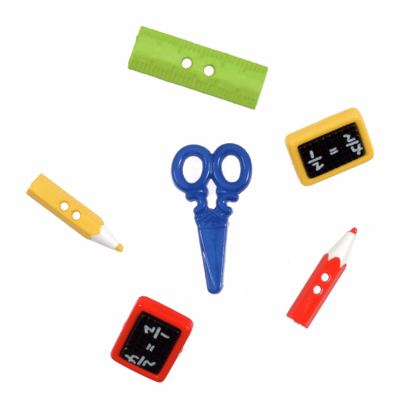 Trimits Novelty School and Sports Buttons with scissors, pencils and rulers