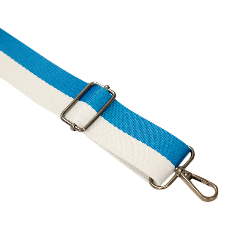 Swatch of two stripe polyester bag webbing 38mm in teal and white