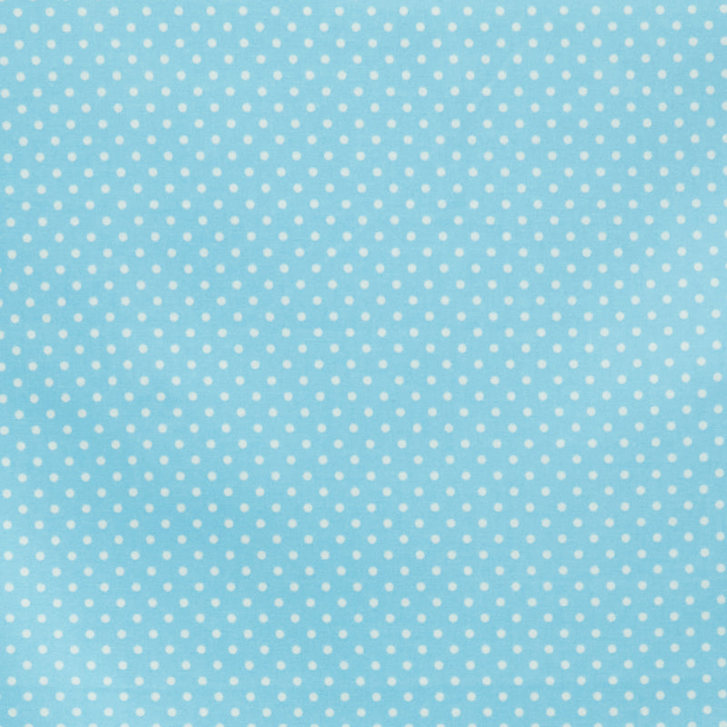 Swatch of pretty polka dot print 100% cotton poplin fabric by Rose and Hubble in aqua blue