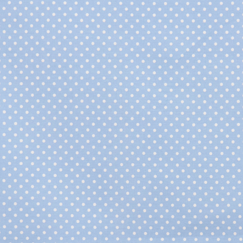 Swatch of pretty polka dot print 100% cotton poplin fabric by Rose and Hubble in blue