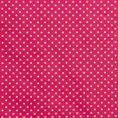Swatch of pretty polka dot print 100% cotton poplin fabric by Rose and Hubble in cerise pink