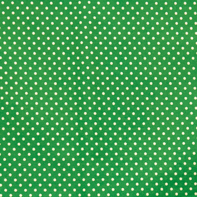 Swatch of pretty polka dot print 100% cotton poplin fabric by Rose and Hubble in emerald green