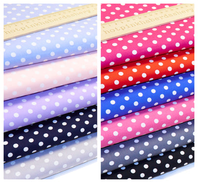 50's retro, vintage colourful spots on 100% cotton poplin fabric by Rose and Hubble on Black, Navy, Grey, Silver, Red, Royal Blue, Pale Blue, Lilac, Cerise, Pink & Candy