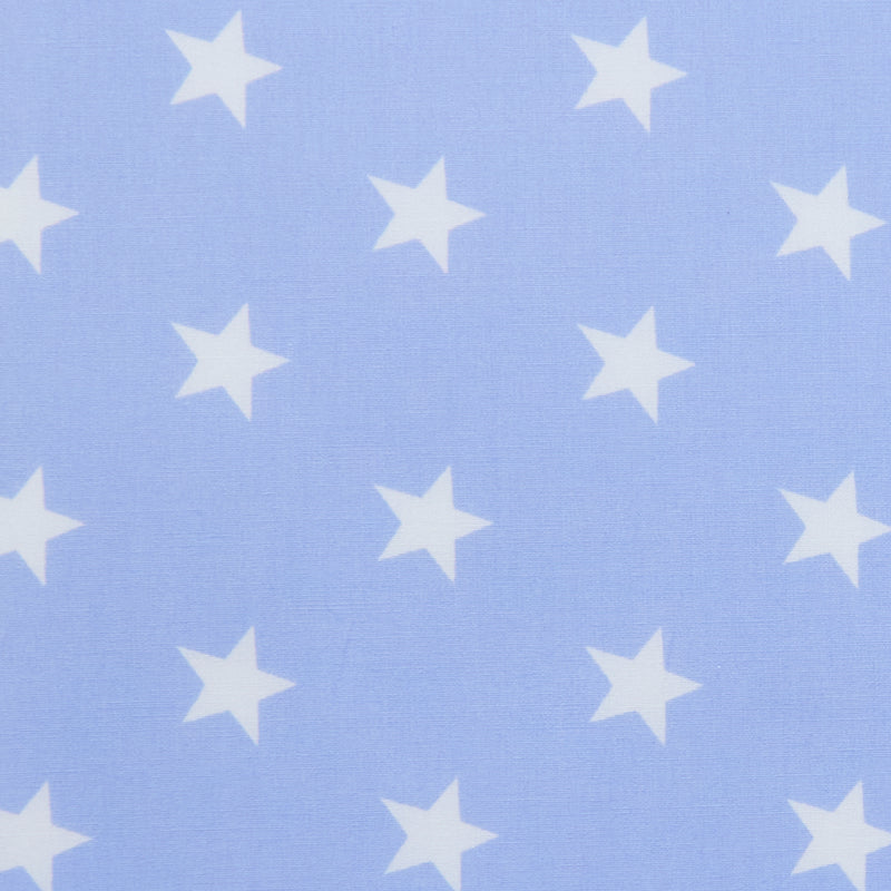 Swatch of brilliant, bold star printed 100% cotton poplin fabric by Rose and Hubble in pale blue 