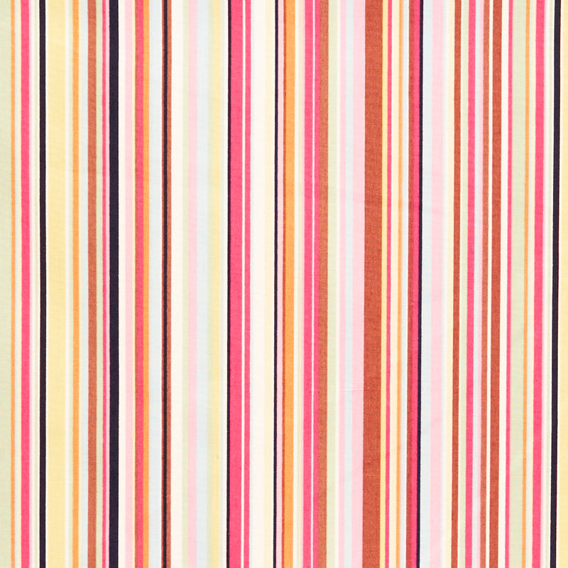 Swatch of retro style, unique and multi coloured striped 100% cotton poplin fabric by Rose and Hubble in Pinks
