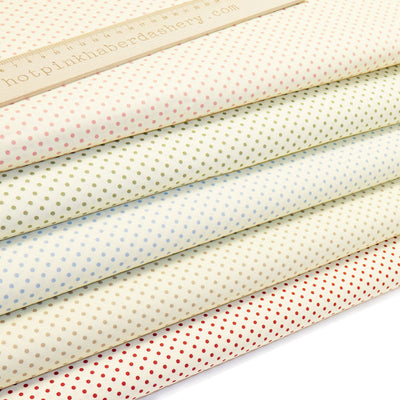 Stylish, neutral polka dot print 100% cotton poplin fabric by Rose and Hubble in  Green, Pale Blue, Pink, Red & Tan