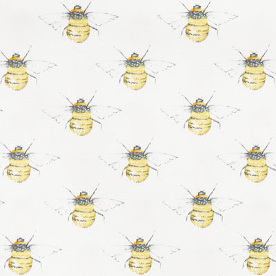 Swatch of detailed bumble bee printed 100% cotton poplin fabric by Rose and Hubble in Ivory