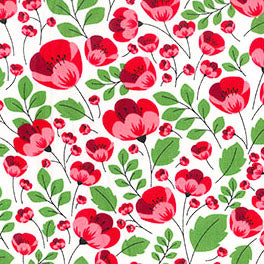 Swatch of ivory poppy print Rose and Hubble 100% cotton poplin fabric with red flowers and green leaves