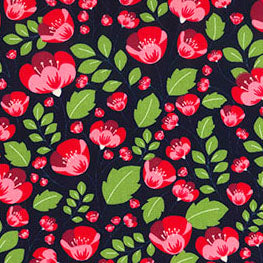 Swatch of navy poppy print Rose and Hubble 100% cotton poplin fabric with red flowers and green leaves