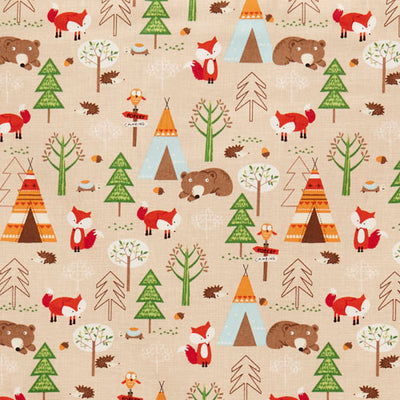 Swatch of fox and bear forest camp print with trees, hedgehogs, tepees, acorns, owls and tortoises on 100% cotton poplin fabric by Rose and Hubble in Autumn brown