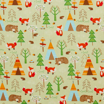 Swatch of fox and bear forest camp print with trees, hedgehogs, tepees, acorns, owls and tortoises on 100% cotton poplin fabric by Rose and Hubble in Summer green 