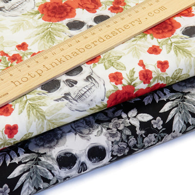 Mexican 'Dia de los Muertos' festival skulls and wildflowers printed 100% cotton poplin print fabric by Rose and Hubble in black and ivory, Halloween fabric