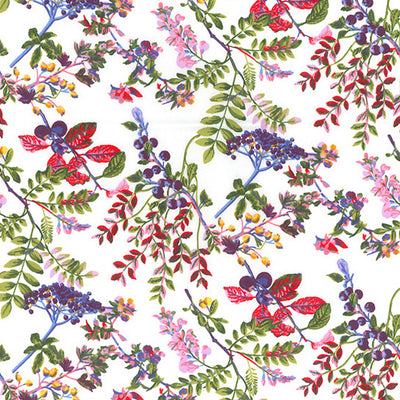 Swatch of flowers, stems and berry, country garden print 100% cotton poplin fabric by Rose & Hubble in ivory