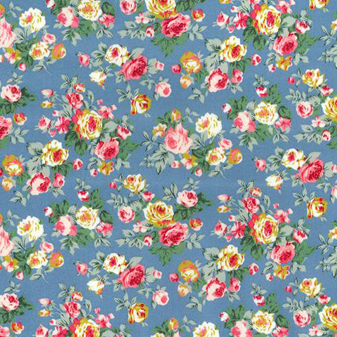Swatch of 100% cotton poplin fabric with classic country garden rose bouquets in Copen Blue by Rose and Hubble