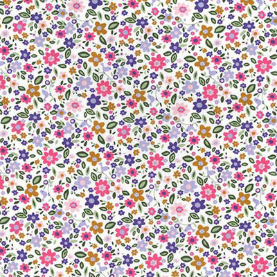Swatch of colourful pattern of flowers, stems and birds in multi colours on 100% cotton polin fabric by Rose and Hubble in pink, yellow and purple