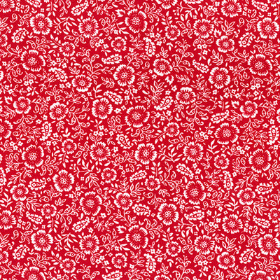 Swatch of white flowers, vines and paisley floral print 100% cotton poplin Rose and Hubble fabric in Crimson Red