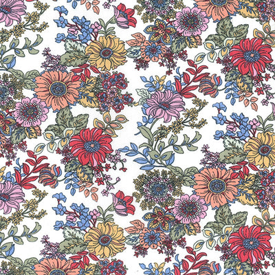 Swatch of 70's style retro flowers and leaves colourful floral print 100 % cotton poplin fabric by Rose and Hubble in Ivory 