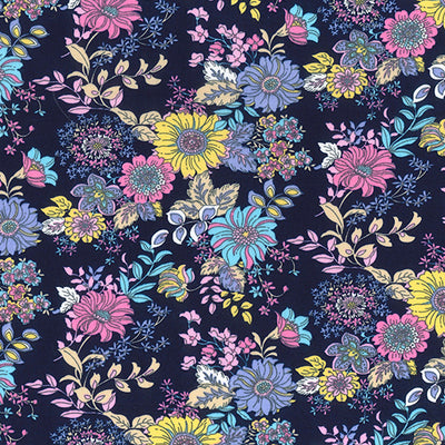 Swatch of 70's style retro flowers and leaves colourful floral print 100 % cotton poplin fabric by Rose and Hubble in Navy
