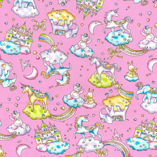 Swatch of 100% cotton poplin fabric by Rose and Hubble with unicorns, rainbows, castles and elephants in Pink 