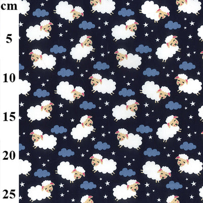 Swatch of counting sheep with clouds and stars night / sleepy print 100% cotton poplin fabric by Rose and Hubble in Navy Blue