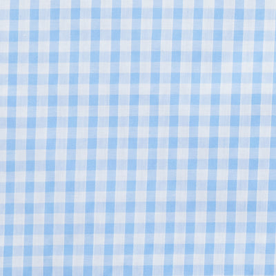 Swatch of classic 1/4" gingham fabric, printed polycotton fabric in white and Blue