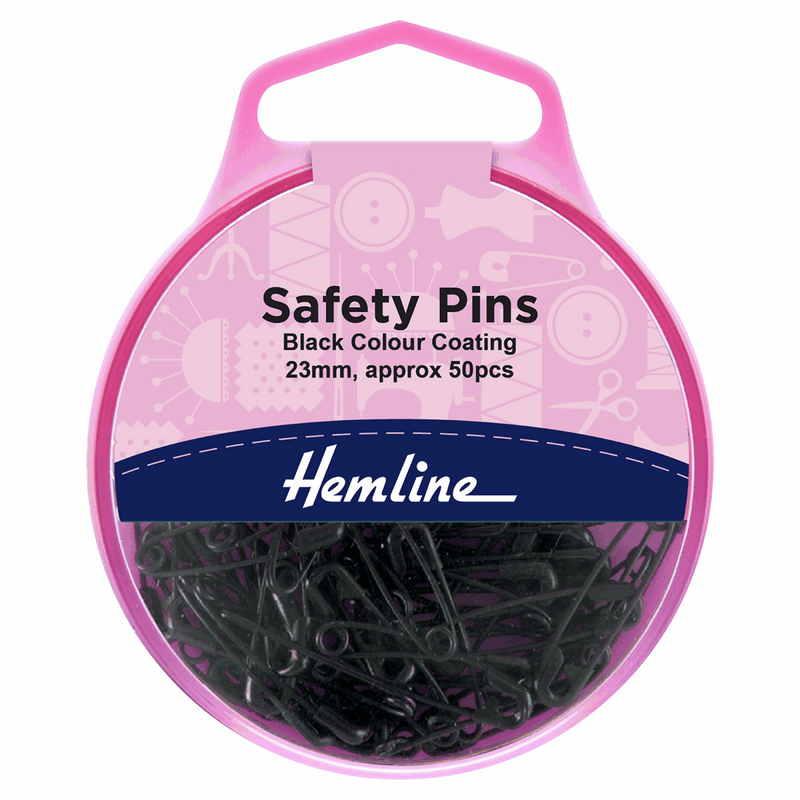 Cute Hemline 23mm safety pins with black coating with handy reusable storage box.