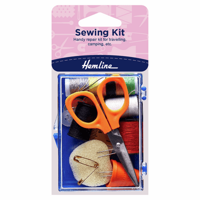Hemline sewing kit with safety pins, buttons, assorted thread, scissors, needles, needle threader and press snaps
