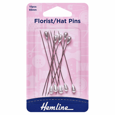 Hemline florist/hat long pins with white pearl heads in 65mm long - 10 per pack.