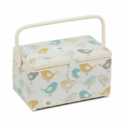 Medium Sewing Basket in pink with cute colourful Birds print