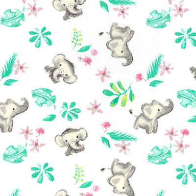 Swatch of playful painted elephants with leaves and flowers on jersey fabric by John Louden in white with green