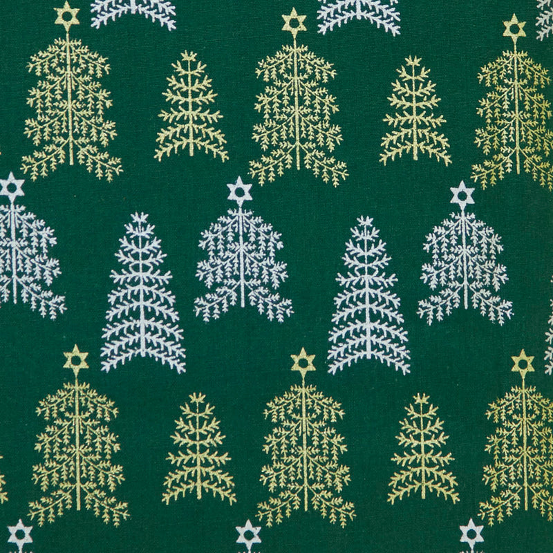 Swatch of scandi-style 100% cotton poplin fabric by John Louden with elegant gold and silver Christmas trees by Rose and Hubble in green