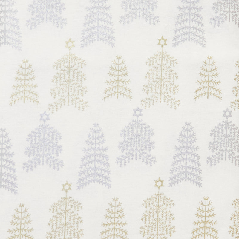 Swatch of scandi-style 100% cotton poplin fabric by John Louden with elegant gold and silver Christmas trees by Rose and Hubble in White